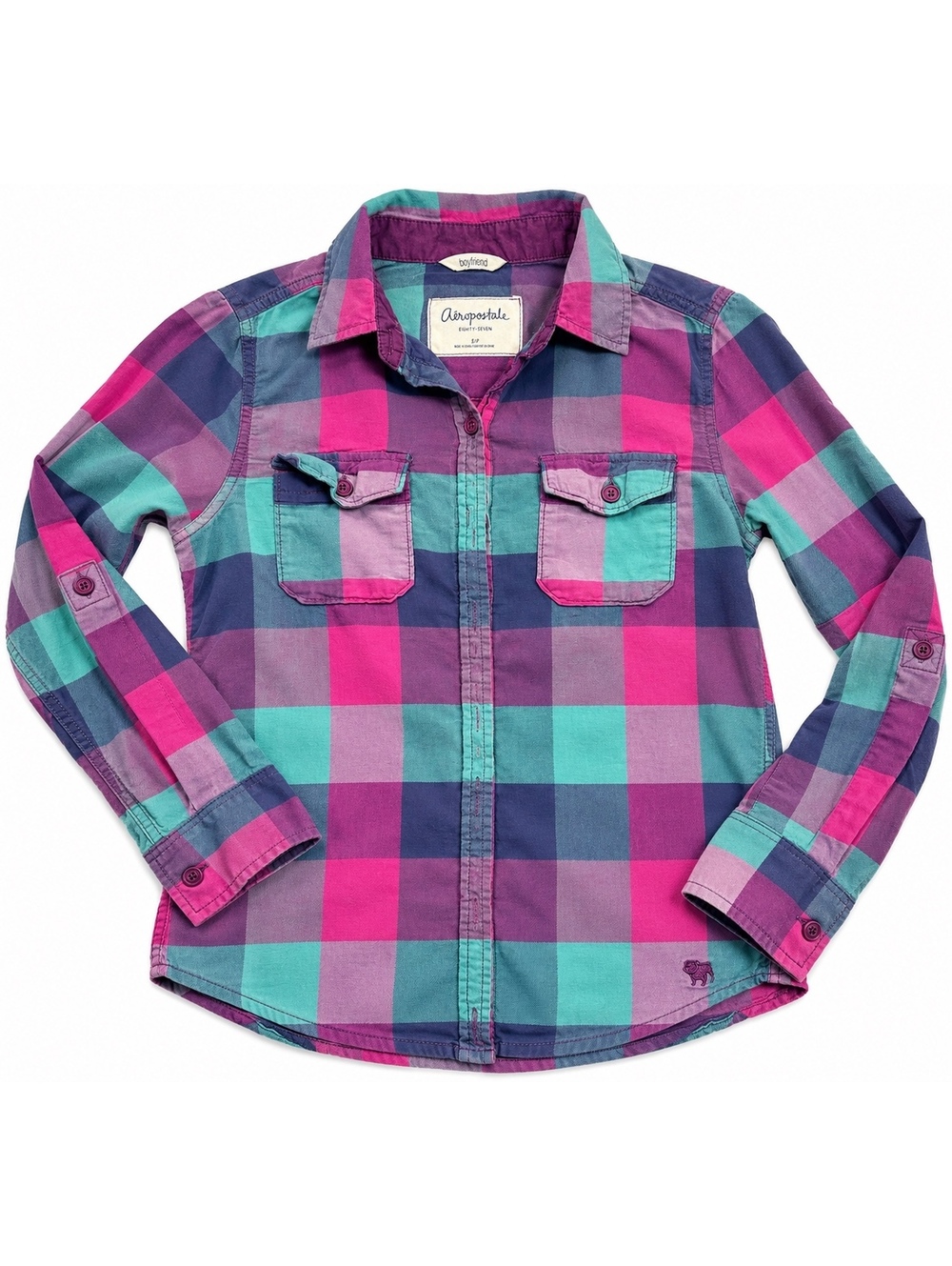Aéropostale Eighty-Seven Boyfriend Plaid Shirt Small Pink Teal Purple Y2K